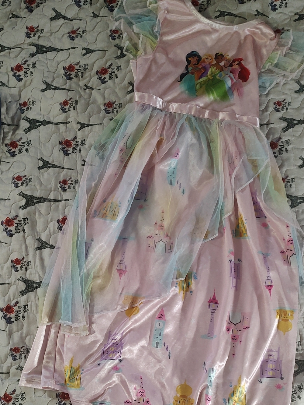 Disney Pink Princess Castle Dress with Pastel Rainbow Tulle